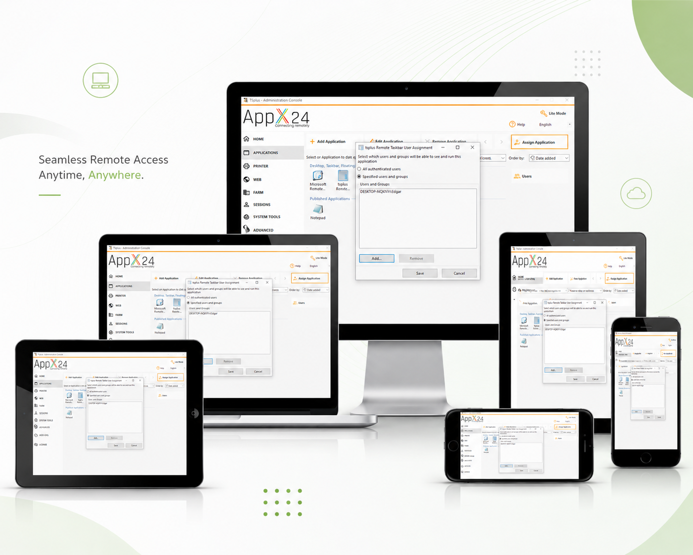 AppX24 multi-screen remote desktop running Tally Prime, presentations, and spreadsheets