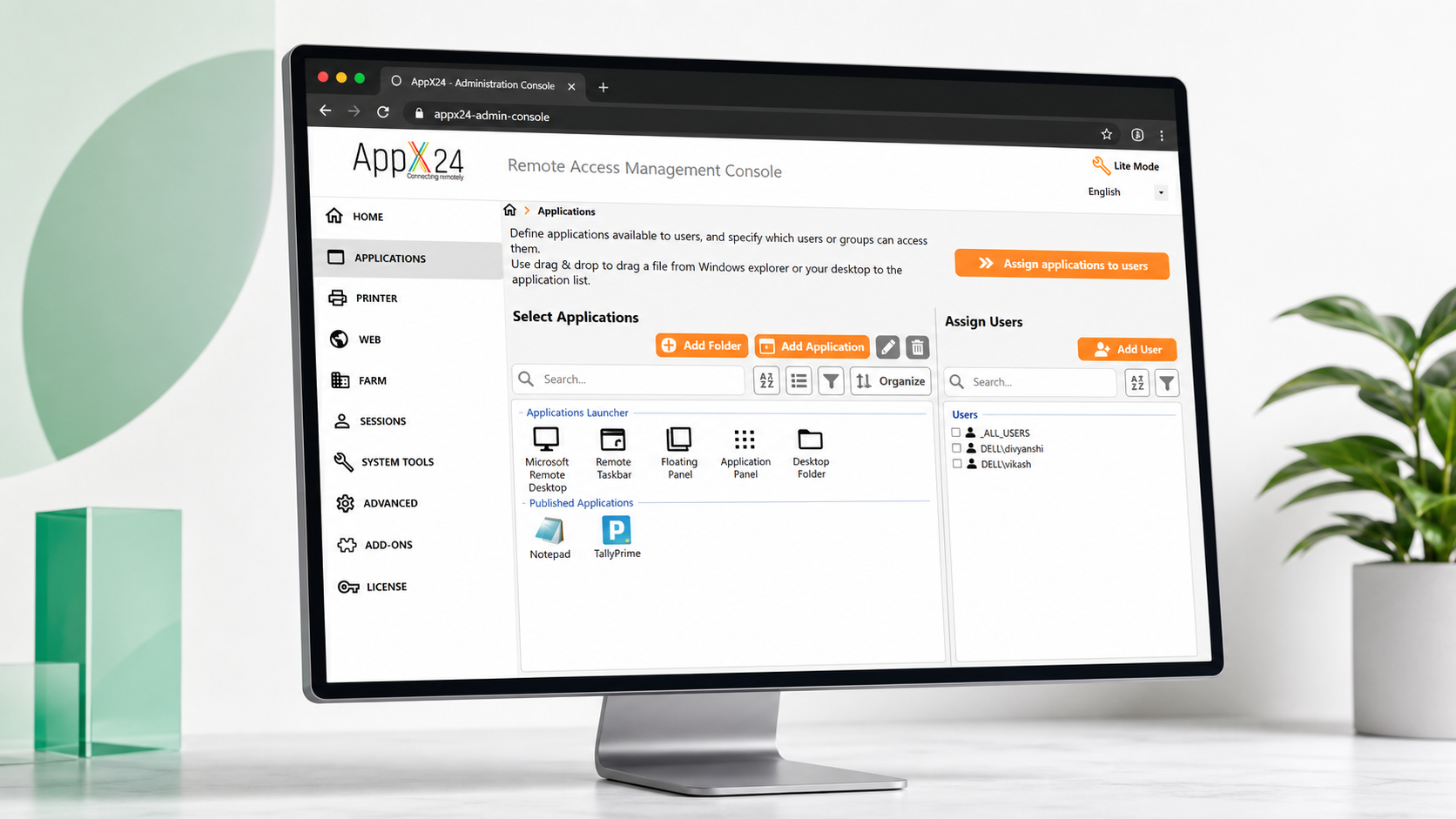 AppX24 secure remote access application management screen